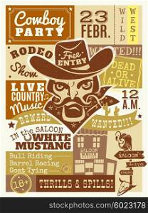 Cowboy Poster Illustration . Cowboy poster with saloon and wanted dead or alive symbols flat vector illustration