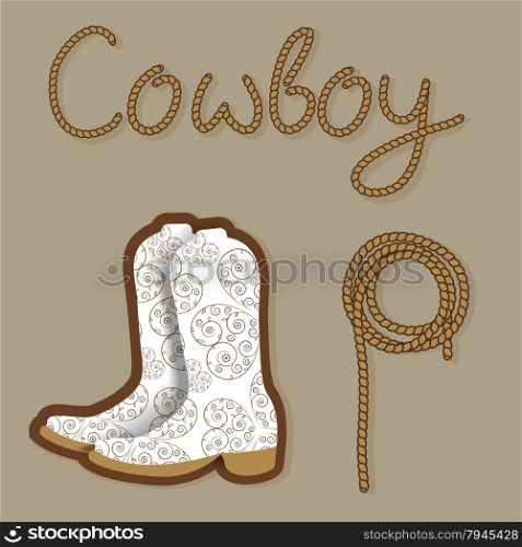 Cowboy poster. Wild west background for your design.. Cowboy poster. Wild west background for your design. Cowboy elements set. Boots and lasso rope on brown background