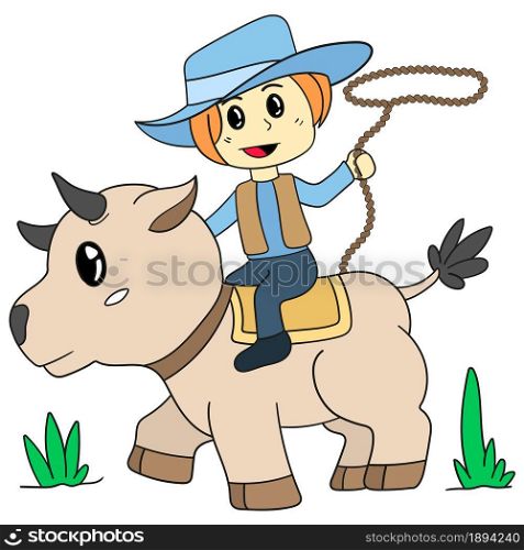 cowboy riding cow. cartoon illustration cute sticker