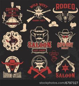 Cowboy rodeo, wild west labels. Design elements for logo, label, emblem, sign, badge, brand mark. Vector illustration.