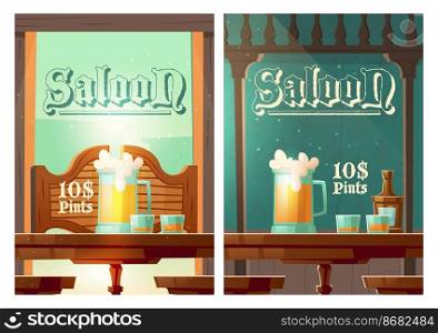 Cowboy saloon cartoon banner, glass tankards with foamy beer and shots with alcohol drinks stand on wooden old style table in wild west tavern. Invitation to retro pub or bar Vector poster. Cowboy saloon cartoon poster, wild west tavern