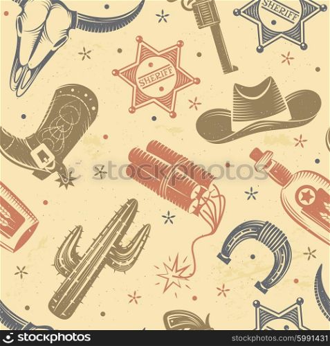 Cowboy Seamless Pattern . Cowboy seamless pattern with cactus dynamite and hat flat vector illustration