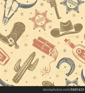 Cowboy Seamless Pattern . Cowboy seamless pattern with cactus dynamite and hat flat vector illustration