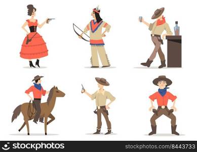 Cowboy stories characters set. Traditional wild west residents, red Indians, rodeo guy with lasso riding horse, sheriff drinking whiskey in saloon. For American culture, tradition, history concept