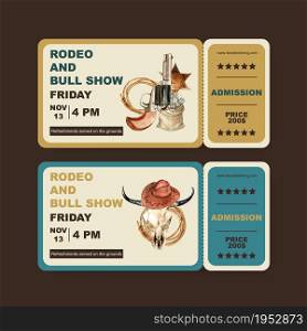 Cowboy ticket design with gun, money, cow skull watercolor illustration.