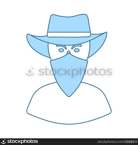 Cowboy With A Scarf On Face Icon. Thin Line With Blue Fill Design. Vector Illustration.