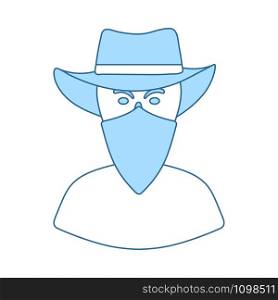 Cowboy With A Scarf On Face Icon. Thin Line With Blue Fill Design. Vector Illustration.