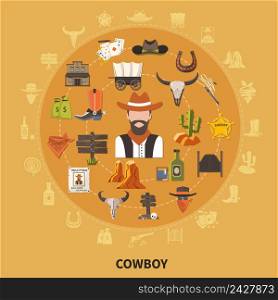 Cowboy with attributes, wooden building, animal skulls, prairie elements, round composition on sand background flat vector illustration. Cowboy Round Composition