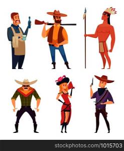 Cowboys western. Wildlife country characters with horses vector cartoon cliparts. West country characters, indian cowboy with gun illustration. Cowboys western. Wildlife country characters with horses vector cartoon cliparts