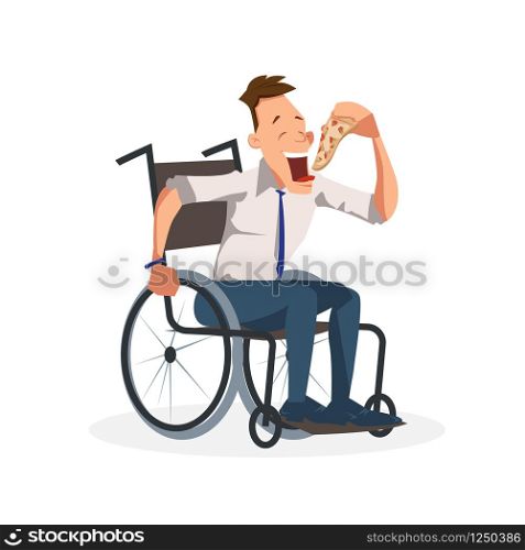 Coworker Sit in Wheelchair with Slice of Pizza. Happy Disabled Office Worker in Formal Outfit Have Italian Food for Lunch or Dinner. Man Eat Junkfood. Cartoon Flat Vector Illustration. Coworker Sit in Wheelchair with Slice of Pizza