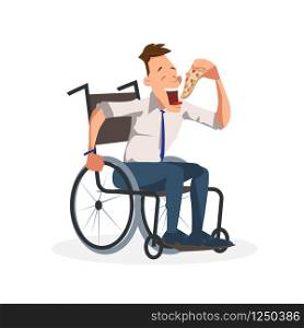 Coworker Sit in Wheelchair with Slice of Pizza. Happy Disabled Office Worker in Formal Outfit Have Italian Food for Lunch or Dinner. Man Eat Junkfood. Cartoon Flat Vector Illustration. Coworker Sit in Wheelchair with Slice of Pizza