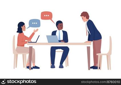Coworkers at business meeting semi flat color vector characters. Editable figures. Full body people on white. Communication simple cartoon style illustration for web graphic design and animation. Coworkers at business meeting semi flat color vector characters