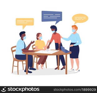 Coworkers discussing plans semi flat color vector characters. Diverse figures. Full body people on white. New normal isolated modern cartoon style illustration for graphic design and animation. Coworkers discussing plans semi flat color vector characters