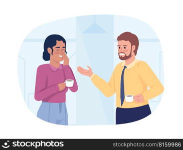 Coworkers during break 2D vector isolated illustration. Positive talking colleagues flat characters on cartoon background. Colorful editable scene for mobile, website, presentation. Coworkers during break 2D vector isolated illustration