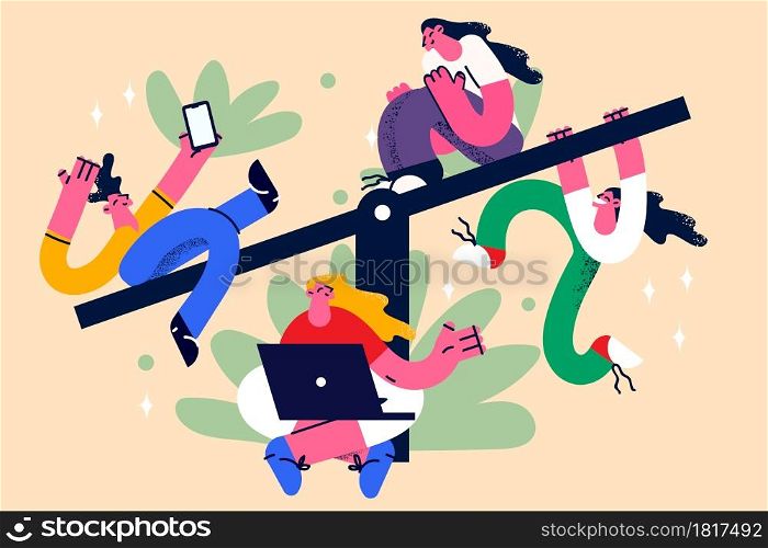 Coworkers, freelancers and Teamwork concept. Group of young people business colleagues cartoon characters sitting working with gadgets as team members vector illustration . Coworkers, freelancers and Teamwork concept
