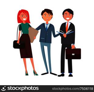 Coworkers group, successful man and woman cartoon characters. Redhead female with folder, cheerful boss and smiling manager with open book and briefcase. Coworkers Group, Successful Man and Woman Cartoon
