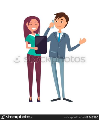 Coworkers in formal wear, lady manager with clipboard in hand, man speaking on phone. Colleagues male and female business cartoon workers isolated on white. Coworkers in Formal Wear, Lady Manager, Clipboard