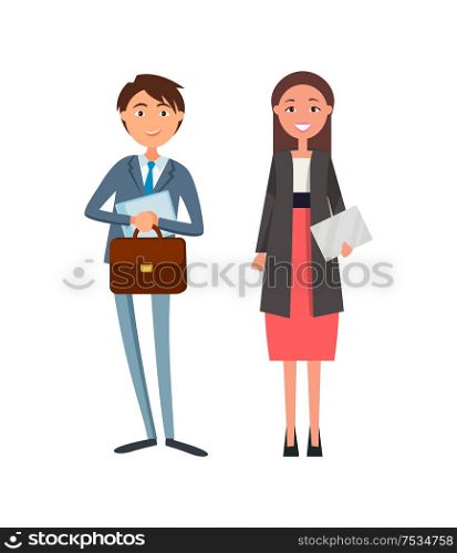 Coworkers in formal wear, lady manager with envelope in hand, man with briefcase. Colleagues male and female business cartoon workers isolated on white. Coworkers in Formal Wear, Lady Manager, Envelope