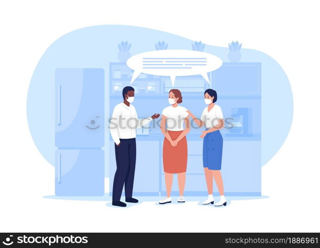Coworkers in masks talk in kitchen 2D vector isolated illustration. Corporate employee in precautious facial masks flat characters on cartoon background. Post covid health safety colourful scene. Coworkers in masks talk in kitchen 2D vector isolated illustration