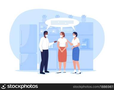 Coworkers in masks talk in kitchen 2D vector isolated illustration. Corporate employee in precautious facial masks flat characters on cartoon background. Post covid health safety colourful scene. Coworkers in masks talk in kitchen 2D vector isolated illustration