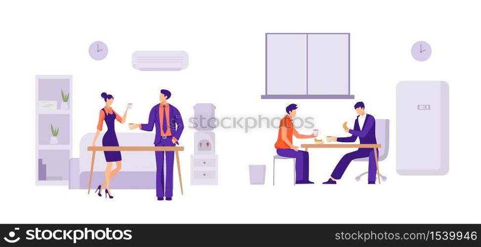 Coworkers lunch in office illustration. Employees of company have breakfast in dining room of company having snack before further execution of plan rest and relaxation after intense vector work.. Coworkers lunch in office illustration. Employees of company have breakfast in dining room of company.