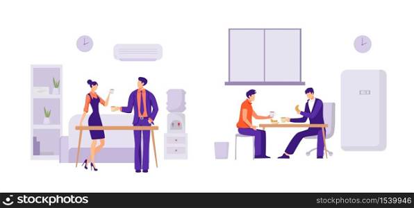 Coworkers lunch in office illustration. Employees of company have breakfast in dining room of company having snack before further execution of plan rest and relaxation after intense vector work.. Coworkers lunch in office illustration. Employees of company have breakfast in dining room of company.