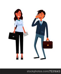 Coworkers, male speaking on phone, female in formal wear with briefcase in hands smiling. Business partners man and woman in flat design cartoon style.. Coworkers, Male Speaking on Phone, Female Cartoon
