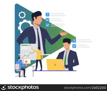 Coworkers planning and making objective. Boss, manager, online conference, office. Business concept. Vector illustration for poster, presentation, new project
