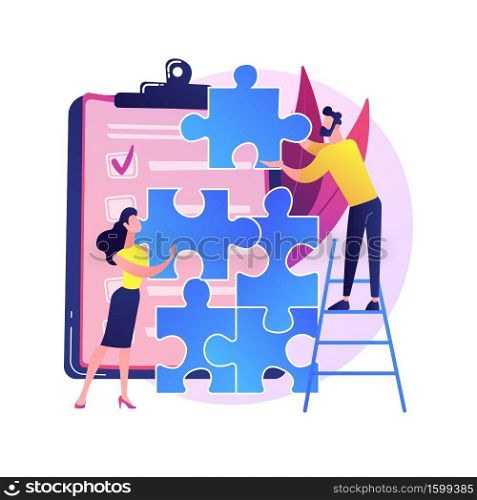 Coworkers project management. Team building, executive managers teamwork, colleagues collaboration. Employees characters assembling jigsaw puzzle. Vector isolated concept metaphor illustration. Coworkers project management vector concept metaphor.