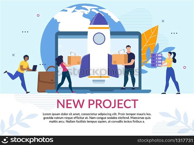 Coworkers Team Working on New Project Creation. Online Startup. Cartoon Man and Woman Characters with Cupboard Boxes and Documents Folders. Huge Laptop and Earth Globe. Ad Poster. Vector Illustration. New Global Online Project Creation Flat Poster
