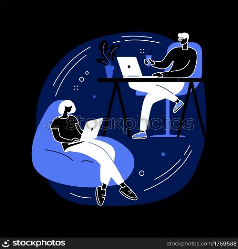 Coworking abstract concept vector illustration. Coworking for freelancers, teamwork and communication, independent activity, collaboration in shared office space, self-employed dark mode metaphor.. Coworking abstract concept vector illustration.