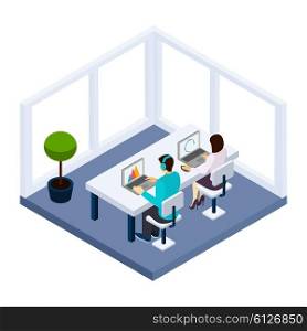 Coworking And Business Illustration . Coworking and business illustration with people working in a room isometric vector illustration