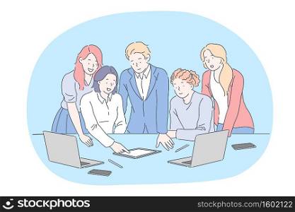 Coworking, brainstorm, business, partnership, team, discussion concept. Business people team partners coworkers cartoon characters discussing working strategy and startup in office together in team. Coworking, brainstorm, business, partnership, team, discussion concept