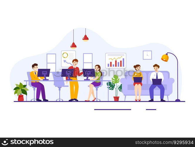 Coworking Business Vector Illustration with Colleagues Talking, Meeting and Working at the Office in Flat Cartoon Hand Drawn Landing Page Templates