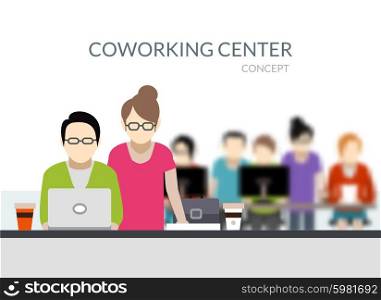 Coworking center composition with young people silhouettes working flat vector illustration. Coworking Center Composition