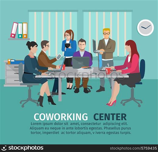 Coworking center concept with business people freelancers on the table vector illustration. Coworking Center Concept