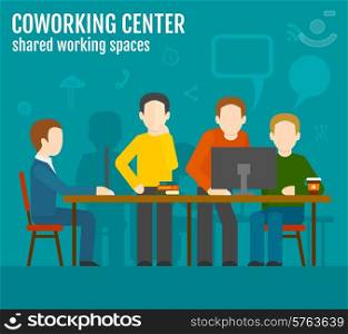 Coworking center concept with creative work group people sitting at the table vector illustration. Coworking Center Concept