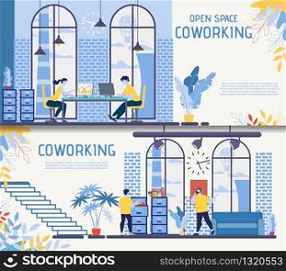 Coworking Center for Freelancers, Online Entrepreneurs, Modern Startup Teems Flat Vector Ad Banner, Promo Poster Templates Set with Businesspeople Working Together in Open Space Office Illustration