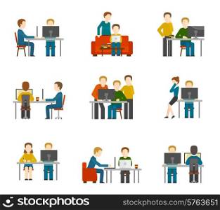 Coworking center icons set with freelancer designer colleagues creative group working isolated vector illustration. Coworking Center Icons