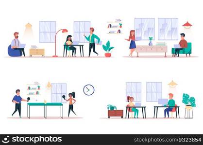 Coworking center isolated elements set. Bundle of colleagues work together, meetings, complete tasks, work on laptops, playing table tennis. Creator kit for vector illustration in flat cartoon design