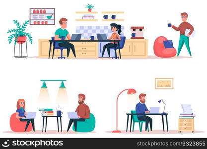 Coworking center isolated elements set. Bundle of employees work in open office, freelancers with laptops perform work tasks, organization. Creator kit for vector illustration in flat cartoon design