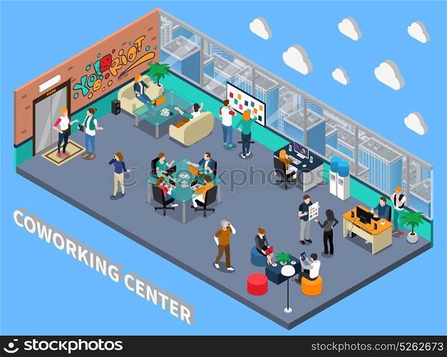 Coworking Center Isometric Interior. Coworking center isometric interior with people, sofas for meeting, rest zone, workplaces, cityscape from window vector illustration