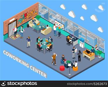 Coworking Center Isometric Interior. Coworking center isometric interior with people, sofas for meeting, rest zone, workplaces, cityscape from window vector illustration