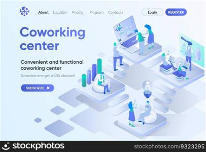 Coworking center isometric landing page. Business community teamwork, convenient and functional workspace. Coworking open area template for CMS and website. Isometry scene with people characters.