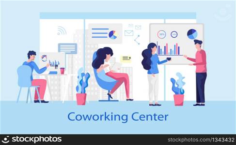 Coworking Center. Rental Workspace any Time. Modern Office design and Comfortable Meeting Room. Woman Works with Laptop stylish Coffee Zone. Creative Coworking transformed Lifestyle.