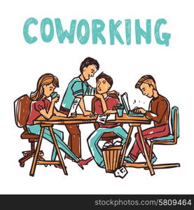 Coworking center with business workgroup at the table sketch vector illustration. Coworking Sketch Illustration