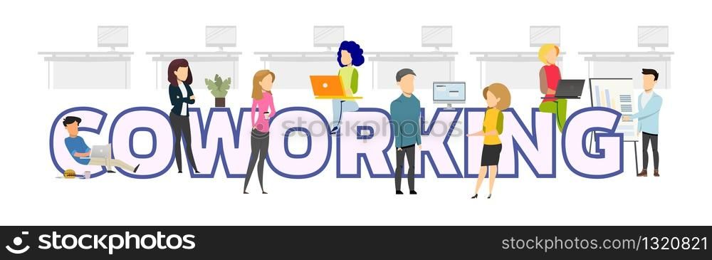 Coworking Character Activity Horizontal Banner. Freelance Worker in Open Space Studio. Freelancer Working by Laptop, Chilling, Making Conversation. Flat Cartoon Vector Illustration. Coworking Character Activity Horizontal Banner