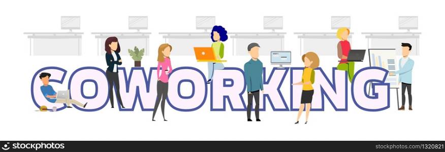 Coworking Character Activity Horizontal Banner. Freelance Worker in Open Space Studio. Freelancer Working by Laptop, Chilling, Making Conversation. Flat Cartoon Vector Illustration. Coworking Character Activity Horizontal Banner