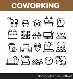 Coworking Collection Elements Icons Set Vector Thin Line. Working Table Place With Computer, Laptop And Lamp, Tea Cup And Clock Coworking Concept Linear Pictograms. Monochrome Contour Illustrations. Coworking Collection Elements Icons Set Vector