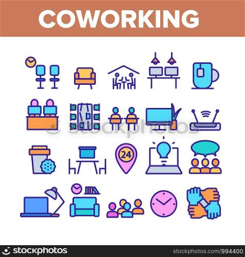 Coworking Collection Elements Icons Set Vector Thin Line. Working Table Place With Computer, Laptop And Lamp, Tea Cup And Clock Coworking Concept Linear Pictograms. Color Contour Illustrations. Coworking Color Elements Icons Set Vector